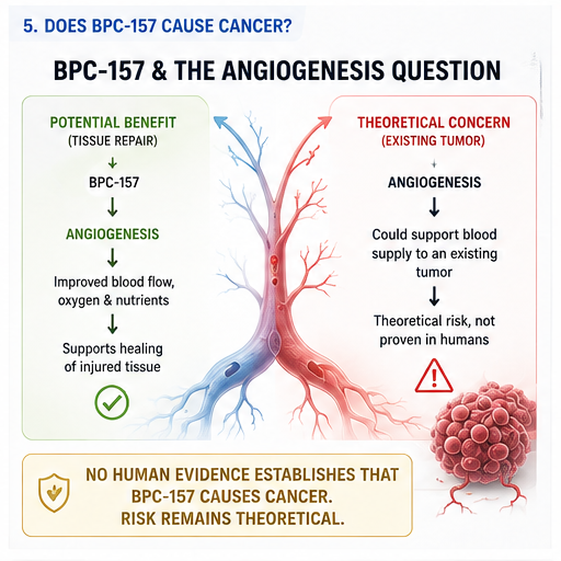BPC-157 and the angiogenesis question: potential benefit for tissue repair versus a theoretical concern about feeding an existing tumor; no human evidence it causes cancer