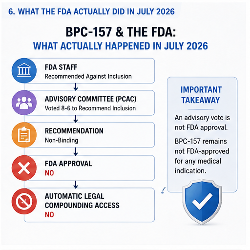 What the FDA actually did in July 2026: staff recommended against, the advisory committee voted 8 to 6 to recommend inclusion, which is non-binding and not FDA approval