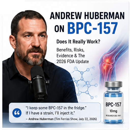 Andrew Huberman on BPC-157: does it really work, with his quote about keeping BPC-157 in the fridge and injecting it for a strain