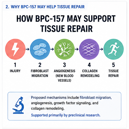 How BPC-157 may support tissue repair: injury, fibroblast migration, angiogenesis, collagen remodeling, tissue repair, supported mainly by preclinical research